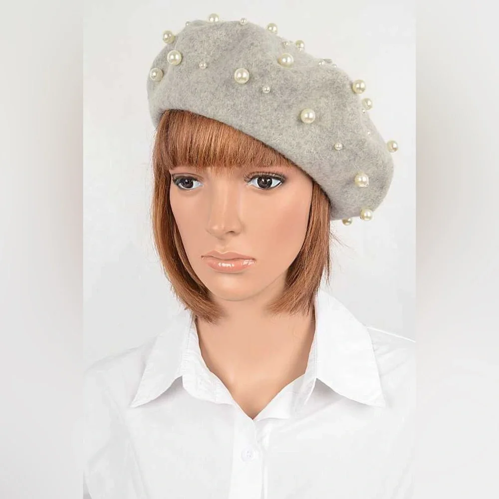 Beret With Pearls and Metal Accents